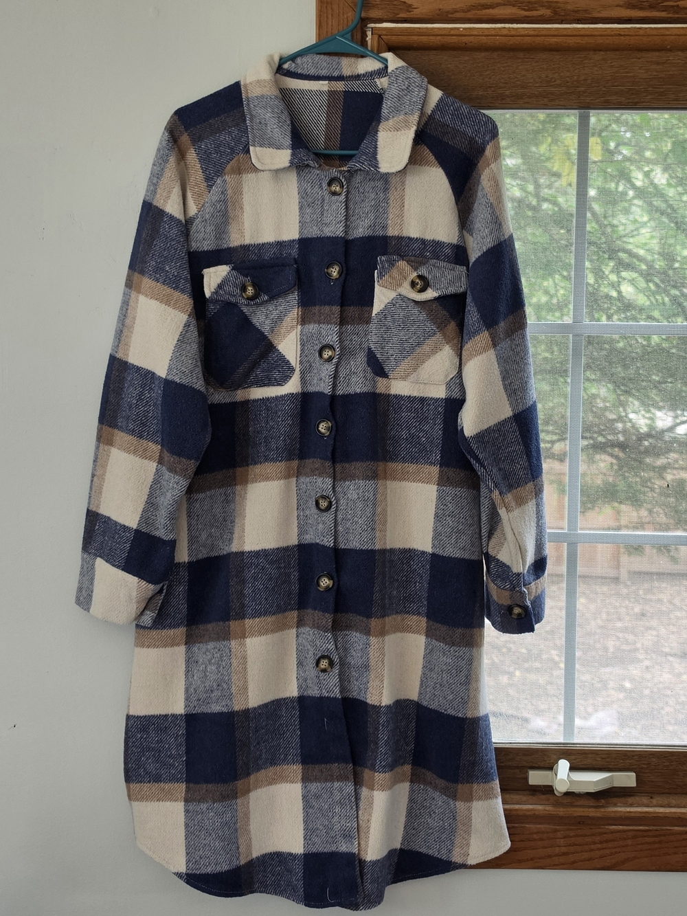 Plaid Button-Front Shacket Coat - Blue & Cream